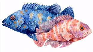 水彩绘双色彩斑斓海洋鱼