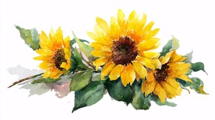 水彩绘向日葵与绿叶