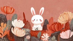 花丛中的可爱白兔