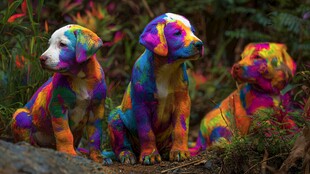 彩色萌犬坐于自然间