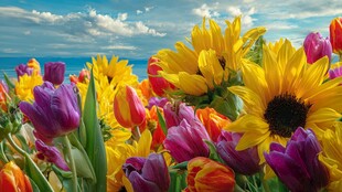 多彩花海与蓝天相映成趣