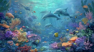 梦幻海底世界的海豚与珊瑚