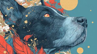 梦幻黑犬与绚烂花叶