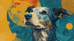 仰望的斑点狗与多彩背景