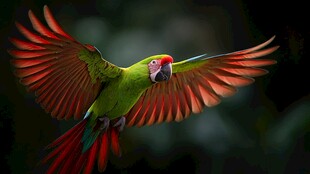 绿羽红翼鹦鹉展翅飞翔