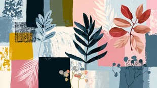 抽象拼贴风多彩植物图案