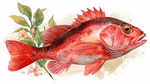 水彩红鱼与绿叶花卉图
