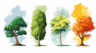 四季树木水彩插画