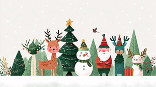 圣诞欢乐场景 可爱动物与装饰