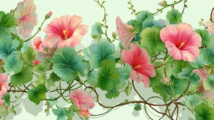 粉色花朵绿叶藤蔓图案