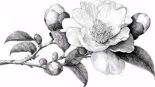 黑白手绘山茶花特写