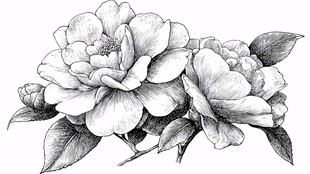 手绘黑白花卉茶花图
