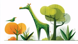 长颈鹿漫步于多彩植物间