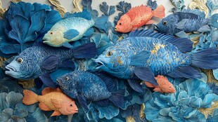 多彩纸艺鱼群与花卉景观