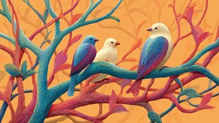 三只鸟儿栖于多彩树枝上