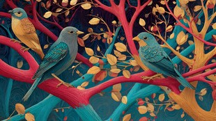 多彩枝头的栖息鸟儿