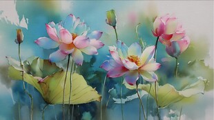 梦幻水彩荷花绽放图景