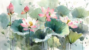 水墨风荷花绽放美景