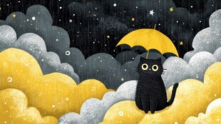黑猫撑伞于雨夜云朵间