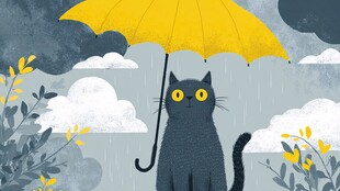 雨中撑伞的黑猫