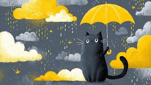 黑猫撑伞于雨云之下