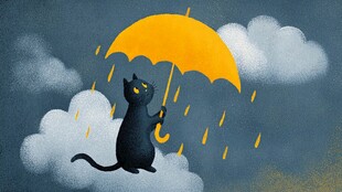 黑猫撑伞在云端沐雨