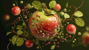 梦幻红苹果与绿植环绕