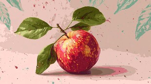 水彩风格的红苹果与绿叶