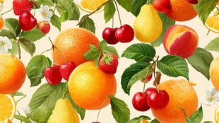 缤纷水果与绿叶花卉图案