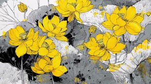 水墨风黄色荷花绽放图