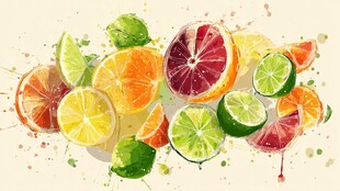 多彩柑橘切片水彩艺术图