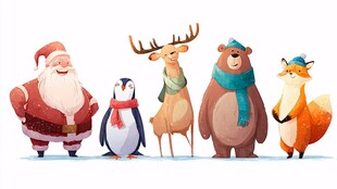 圣诞动物与圣诞老人同框