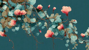 蓝底垂枝绽放粉色花朵