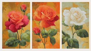 三幅玫瑰油画艺术作品