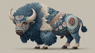 蓝调花纹装饰的奇幻野牛