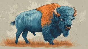 蓝橙相间的奇幻野牛形象