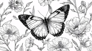 蝴蝶于花卉间的黑白绘景