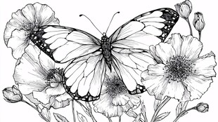 蝴蝶与花卉的黑白插画