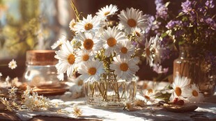 窗台上的雏菊与梦幻花束