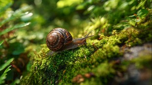 蜗牛漫步于翠绿苔藓之上