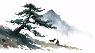 山间松下马背旅人图
