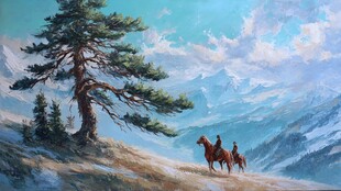 山间骑马景 孤松伴旅人