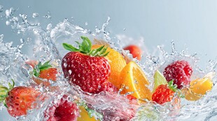 鲜果入水瞬间的缤纷水花