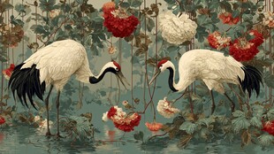 双鹤栖于繁花绿植间