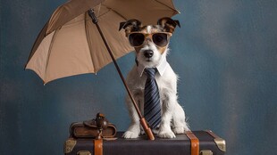 时尚扮相的小狗撑伞站立