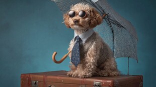 时尚扮相的萌犬撑伞而立