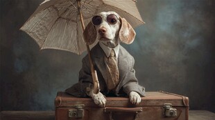 时尚狗狗撑伞坐行李箱