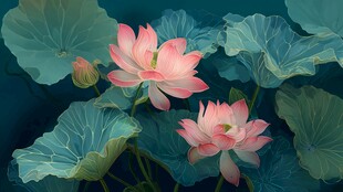 水墨风绽放的娇艳荷花