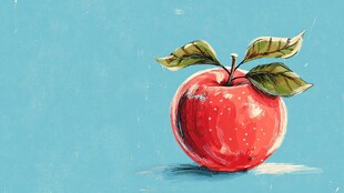 手绘红苹果与绿叶