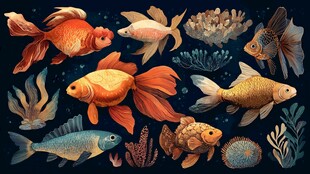 梦幻金鱼与海底植物插画